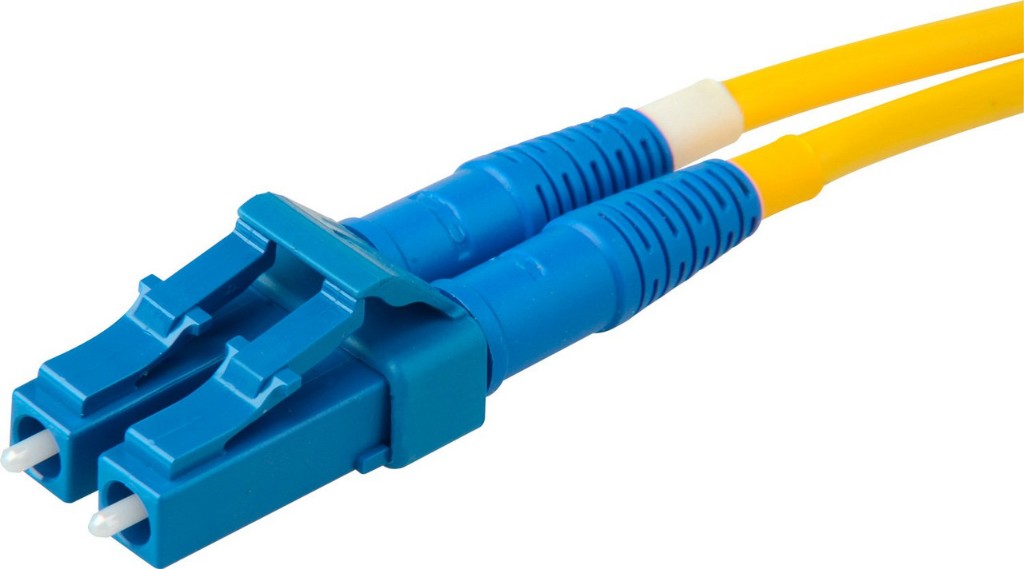A blue LC duplex fiber optic connector with yellow single-mode cabling
